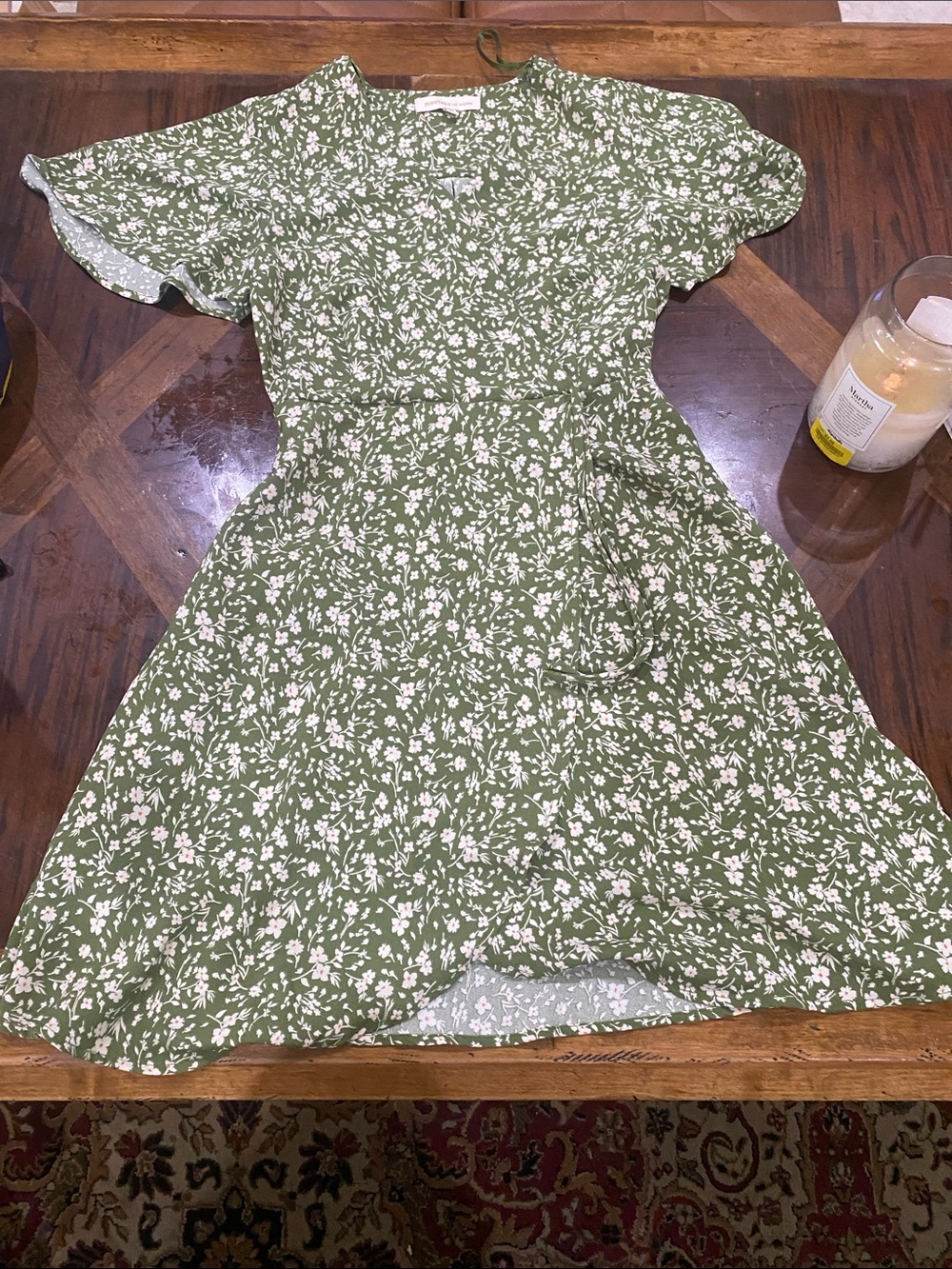 Monteau Green Floral Dress with White Print